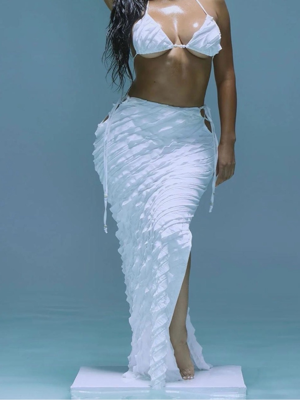 Fashion Nova White Ruffle Tie-Side Beach Skirt